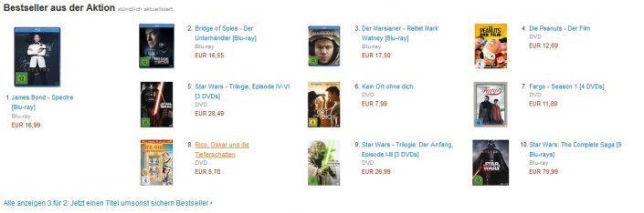 Amazon: 3 Blu-rays/DVDs zum Preis von 2