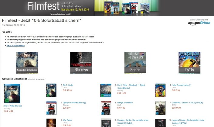 Amazon Filmfest: 10 Euro Rabatt beim Filmkauf ab 40 Euro – Nur noch heute